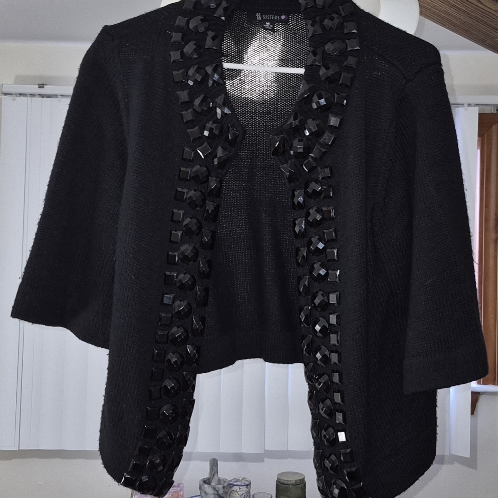 Embellished Black Women’s Open Cardigan Sweater